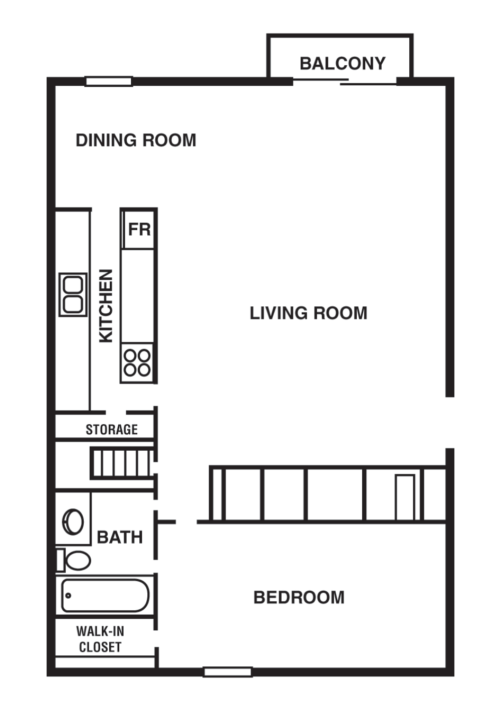 Floor plan for 1 bed, 1 bath, 721 sqft